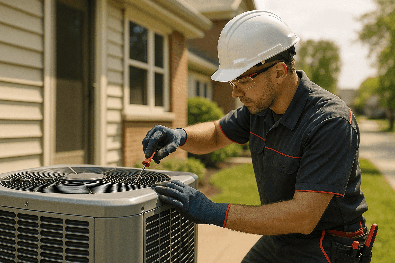OSHA-compliant HVAC technician adjusting residential unit outdoors with safety gear
